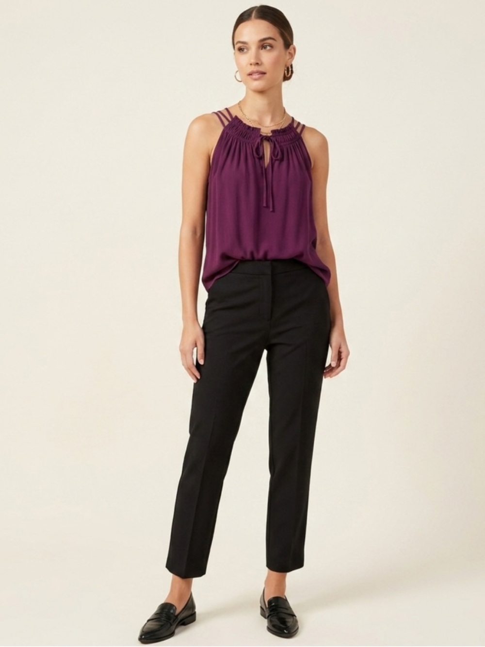 NWT LOFT High Tie Neck Sleeveless Purple Blouse Chic Top Women’s Size Large NEW